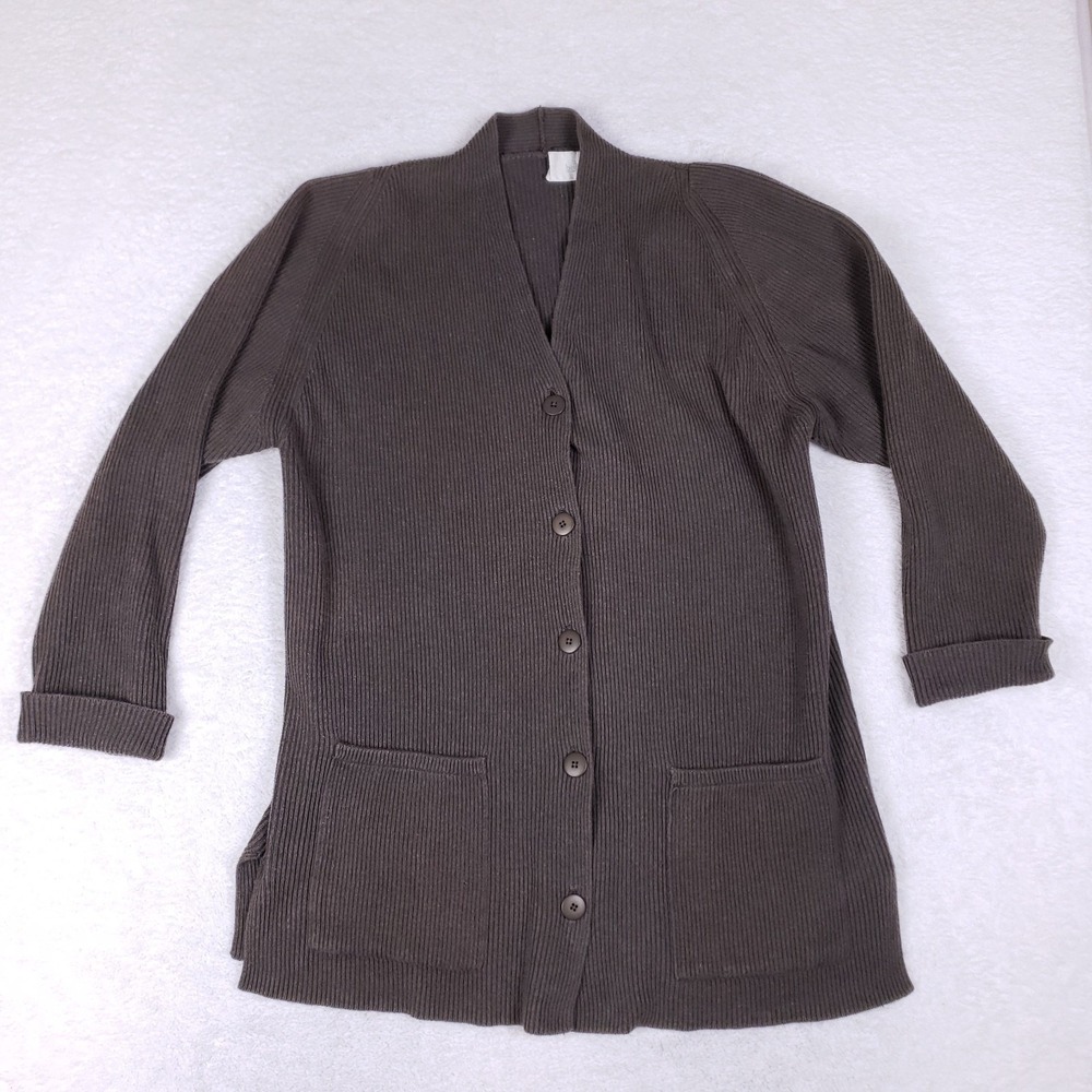 Belford Brown Cotton Ribbed Cardigan Sweater‎ M Button Front Vintage Minimalist
